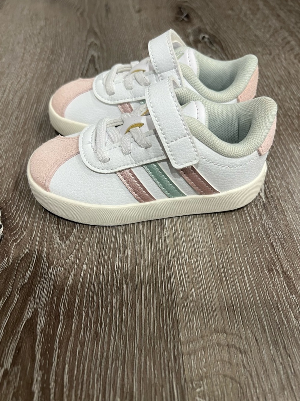 adidas White Sneakers with Pink Stripes Velcro Toddler Size 6